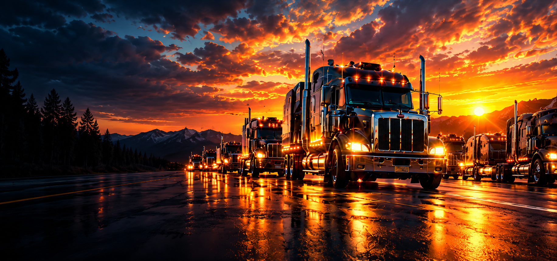 Semi trucks at sunset